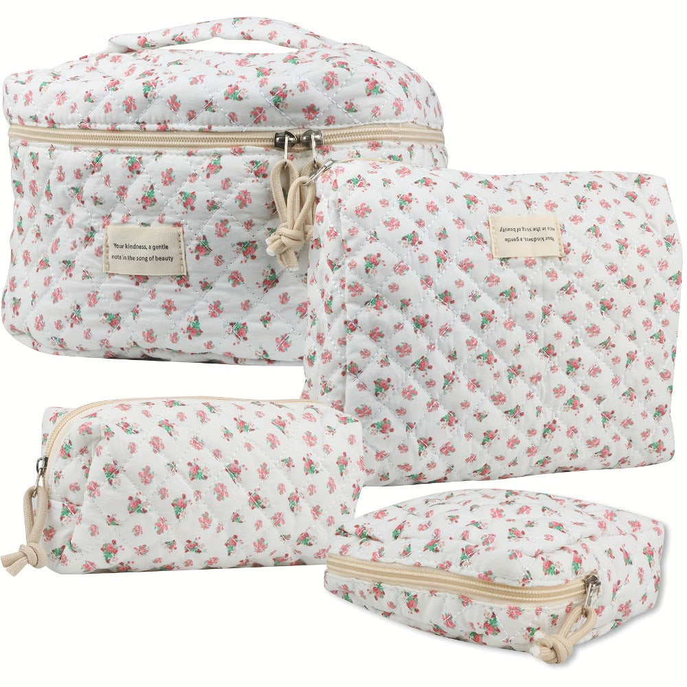 Makeup Bag Four-Piece Quilted Cotton Floral Pouch Set in Five Styles for Travel, Vanity and Everyday Beauty Storage — image 4