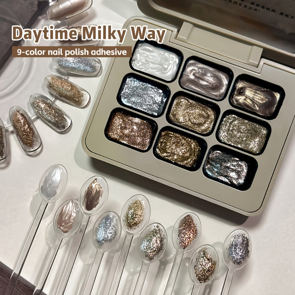 Shimmer Nail Art Gel Nine-Color Grid Palette with Metallic Neutral or Milky Way Color Selection — image 7