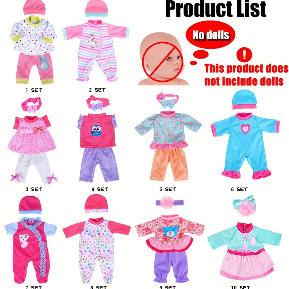 10-Outfit Doll Clothes Set for 10–14-Inch Baby Dolls with Sleepers, Dresses, Tops, Pants and Headwear — image 8