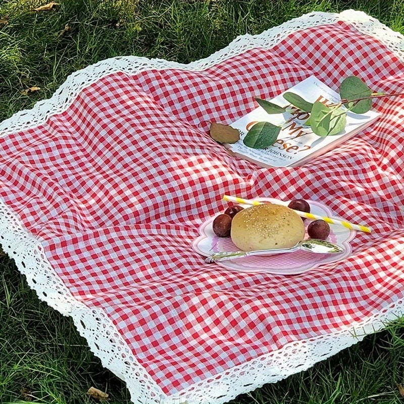 Tablecloth in Red Gingham Plaid with White Lace Edge for Picnic, Camping and Photo Backdrop Use — image 2