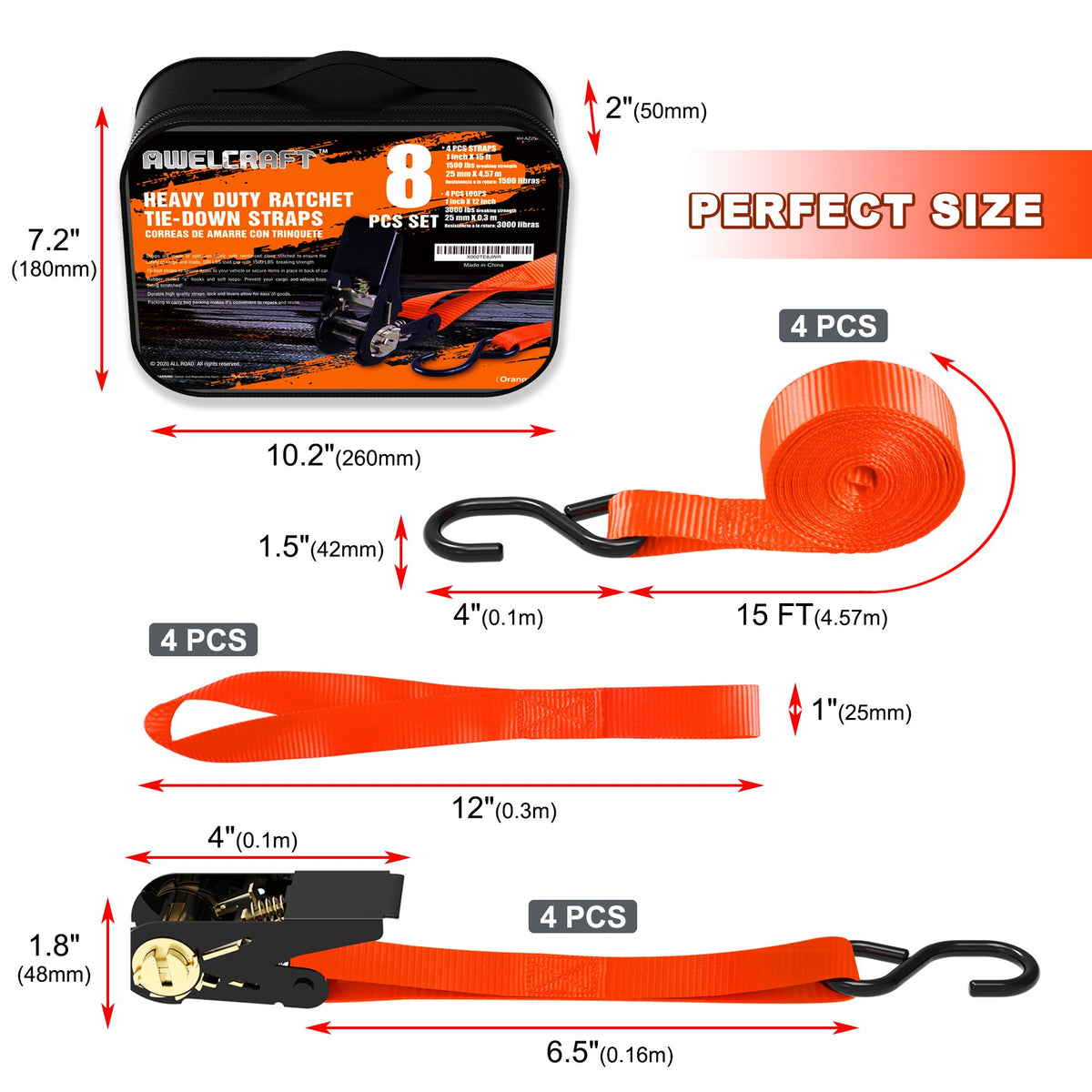 Ratchet Tie Down Straps 4-Pack 15FT 1, 500 lb Break Strength Heavy Duty with Soft Loops & Storage Bag – High-Visibility Webbi