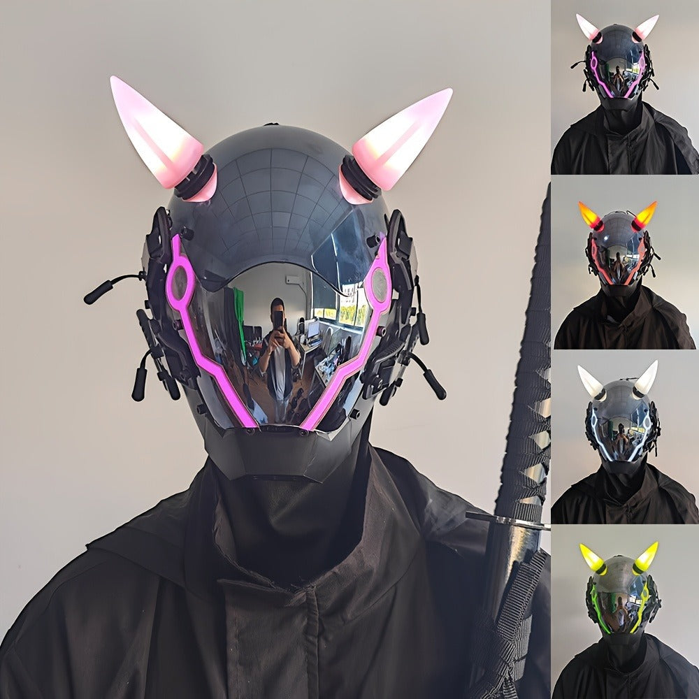 Pink LED Cyberpunk Costume Mask with Horned Full-Face Helmet, Reflective Visor and Lighted Accent Lines — image 1
