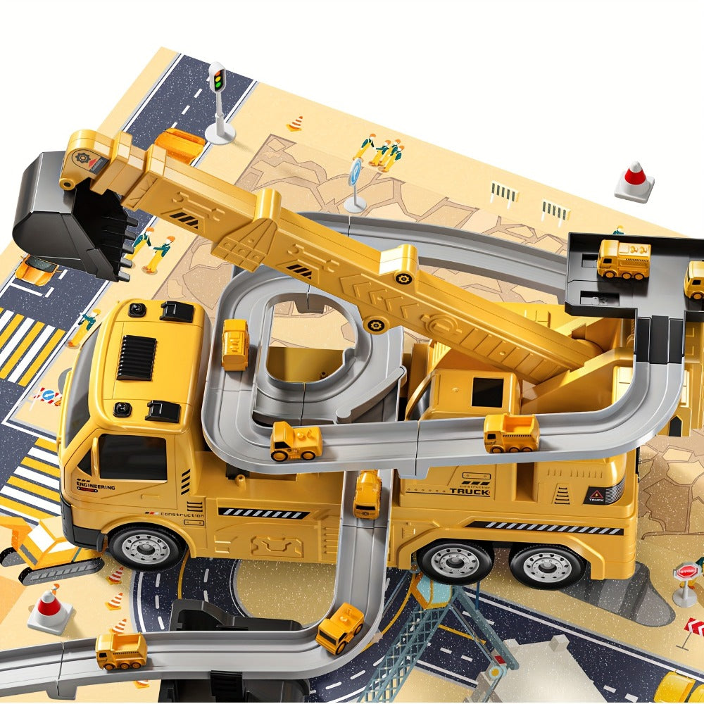3-in-1 Crane Excavator & Racing Track Toy Set for Kids Ages 3+, Construction Vehicle Playset with Lights & Sounds — image 4