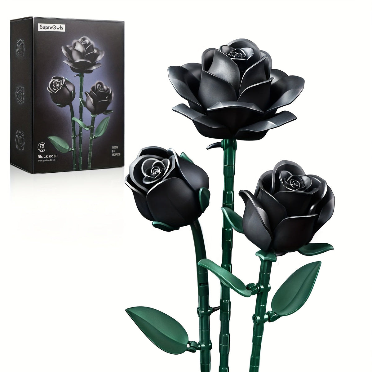 Building Block Set Black Rose Bouquet, 152-Piece Three-Flower Model with Adjustable Stems and Leaves for Display — image 20