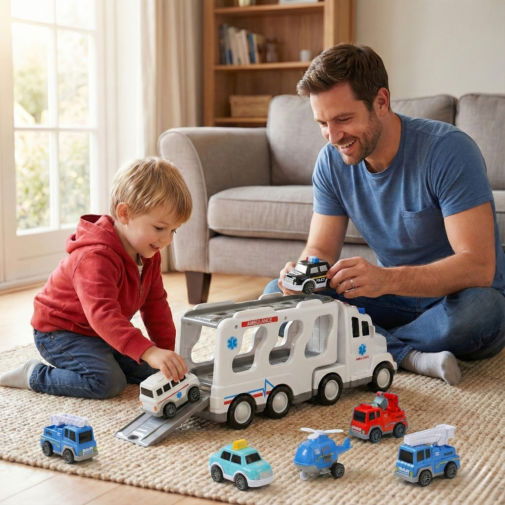 7-in-1 Kids Car Toy Set 7pcs with Playmat, Large Vehicle + 6 Mini Cars Ambulance Police Fire Truck Engineering — image 12