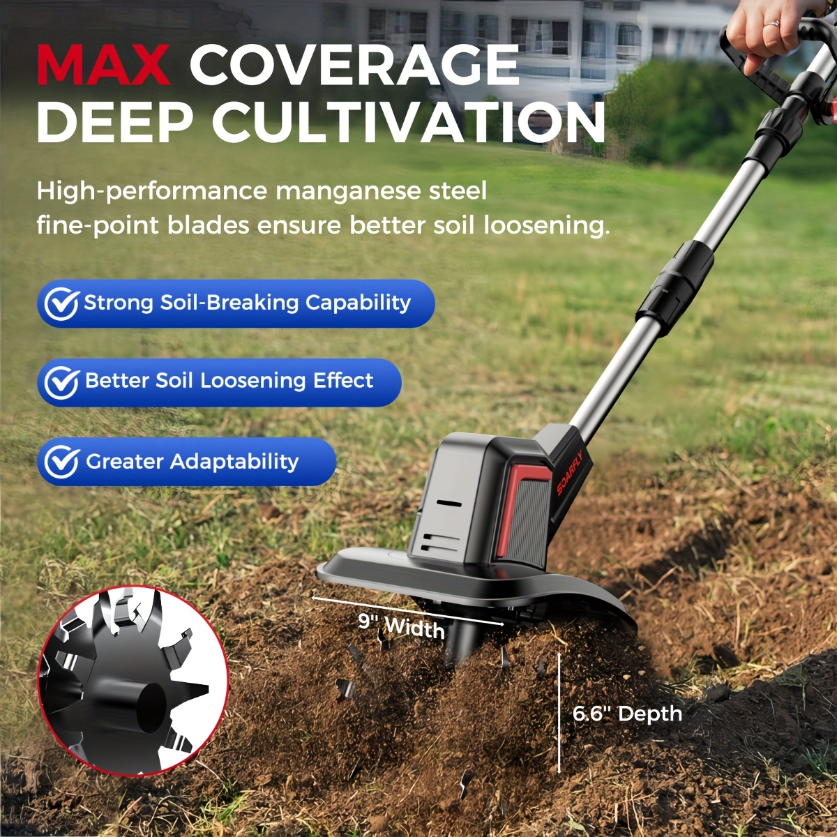 Cordless Electric Cultivator 360RPM - Wireless Electric Tiller & Soil Loosening Machine with 2×4.0Ah for Garden, Patio and Ya