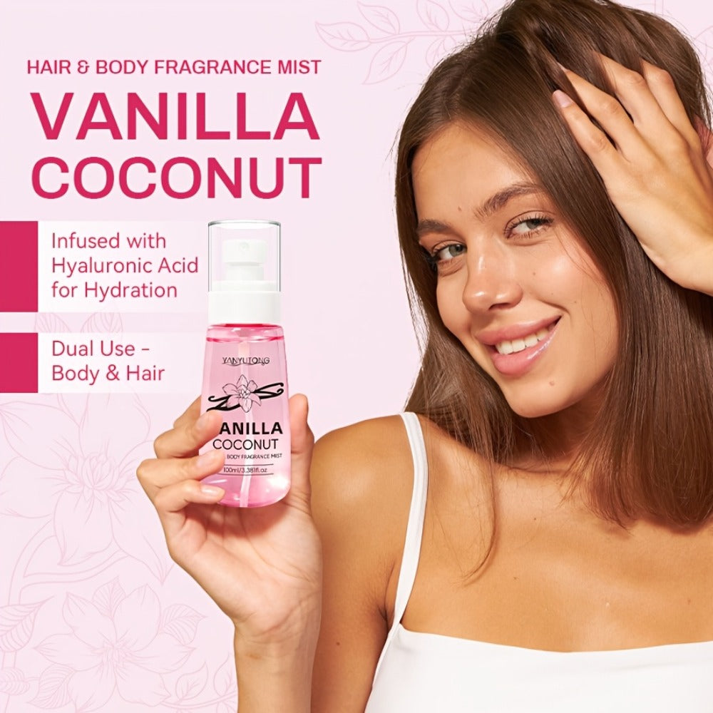 Coconut Vanilla Fragrance Mist Hair & Body Spray – Alcohol-Free with Vitamin E, Argan Oil & Glycerin, Moisturizing Long-Lasti