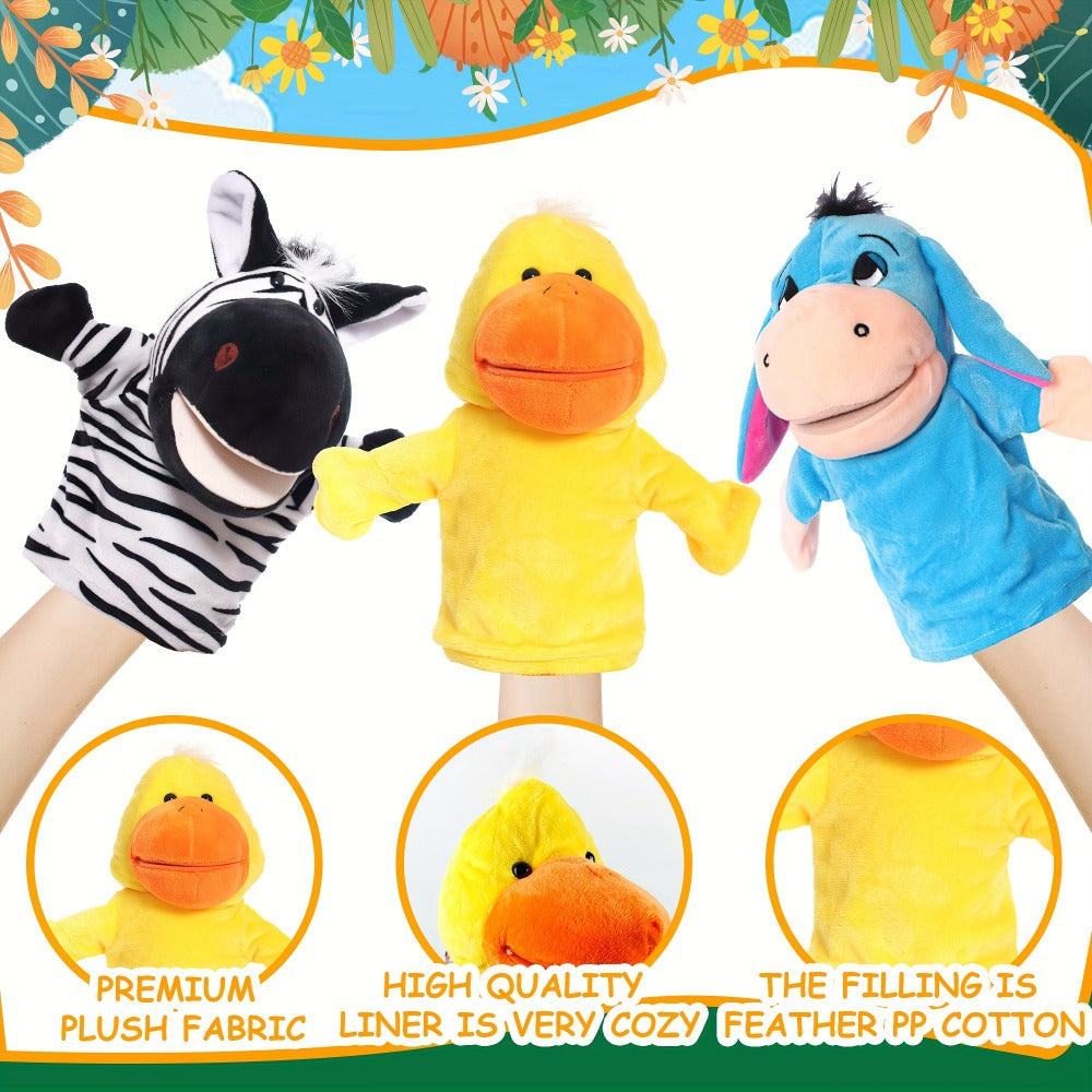 Four-Piece Animal Hand Puppet Set with Blue Donkey, Yellow Duck, Zebra and Pink Cow Designs — image 2