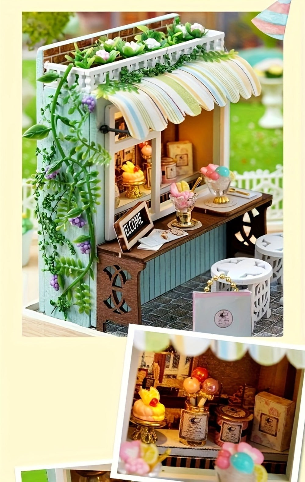 DIY Wooden Tiny House Kit with Dust Cover, Handmade Miniature Dollhouse Puzzle, 3 Themes Afternoon Tea Rotating Food House Mo