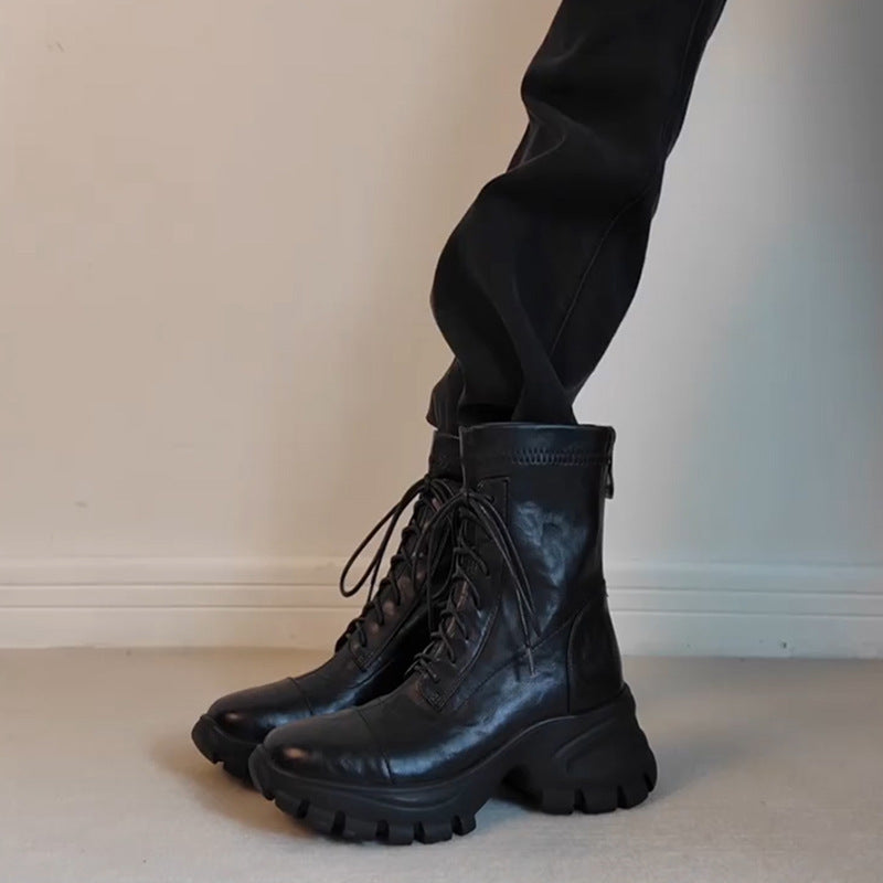 New Stylish Versatile Black Thick-soled Back Zipper Lace-up Motorcycle Boots