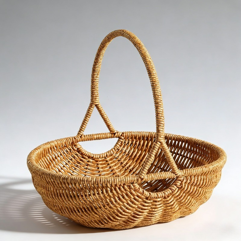 Handwoven Rattan Storage Basket with Carry Handle in Light Brown Medium Drain-Basket Format — image 6