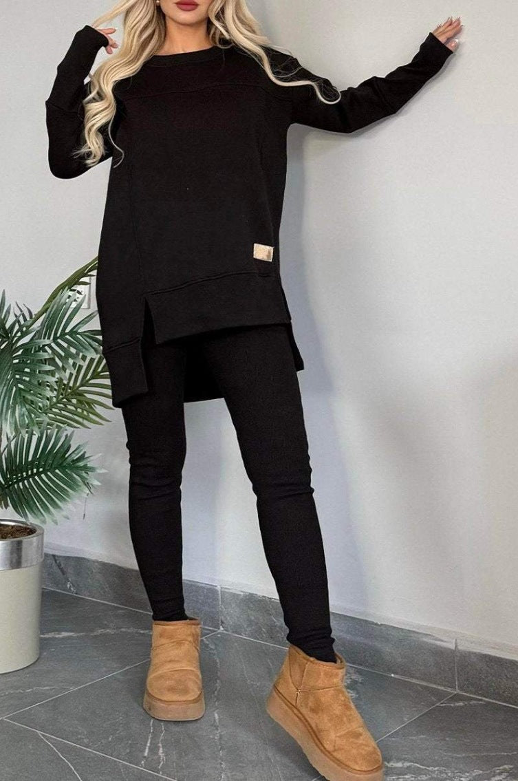 Women's Slit Long Sleeve Top And Trousers Suit
