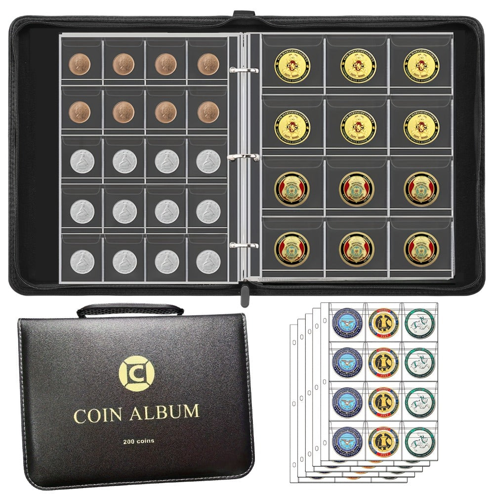 Coin Collection Book with Zipper & Handle 200/320 Pockets – 10/20 Page Coin Storage Album for Currency & Commemorative Coins 