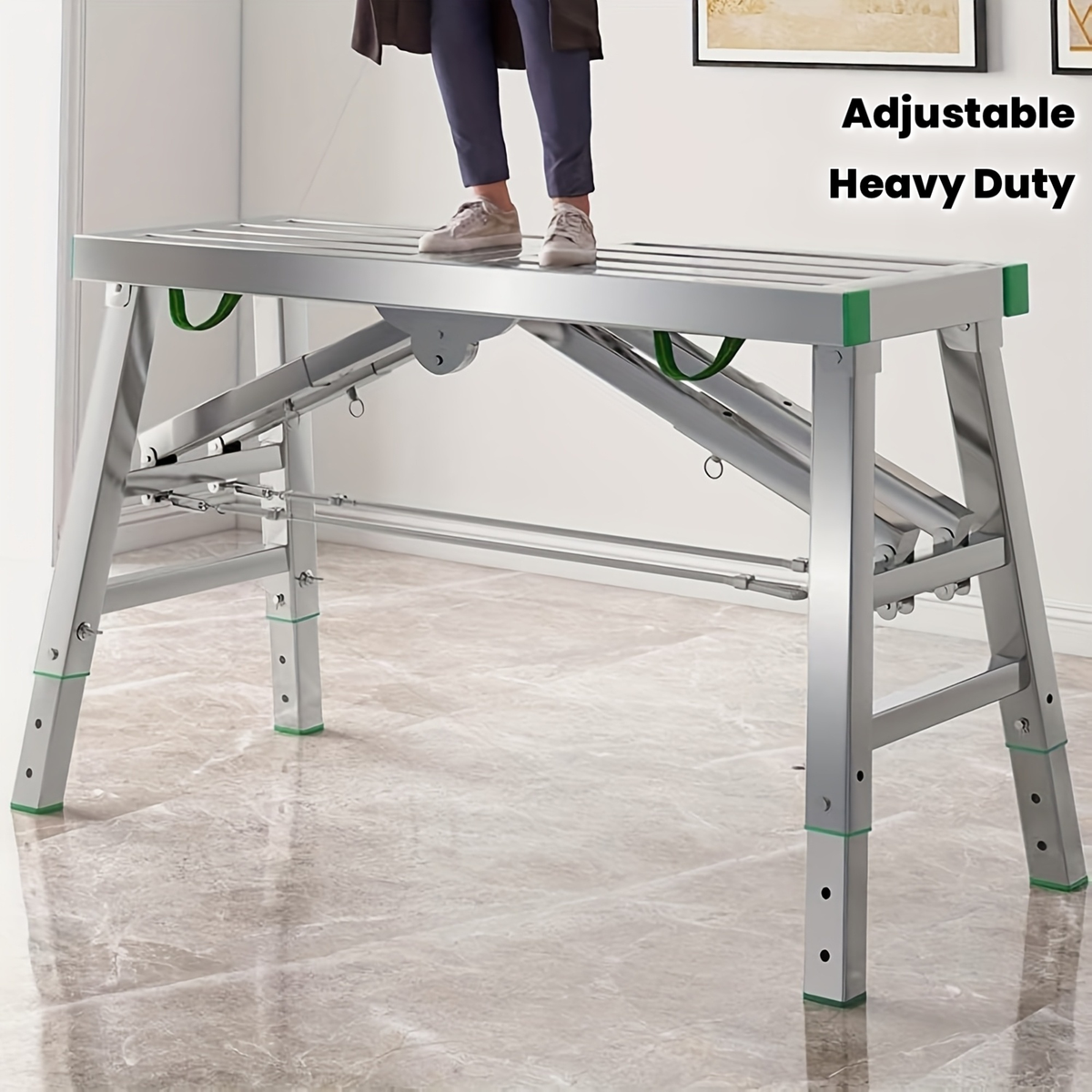 Scaffolding Work Platform Folding Steel Step Ladder Adjustable Height Portable Drywall Bench for Garden, Patio and Yard Use —