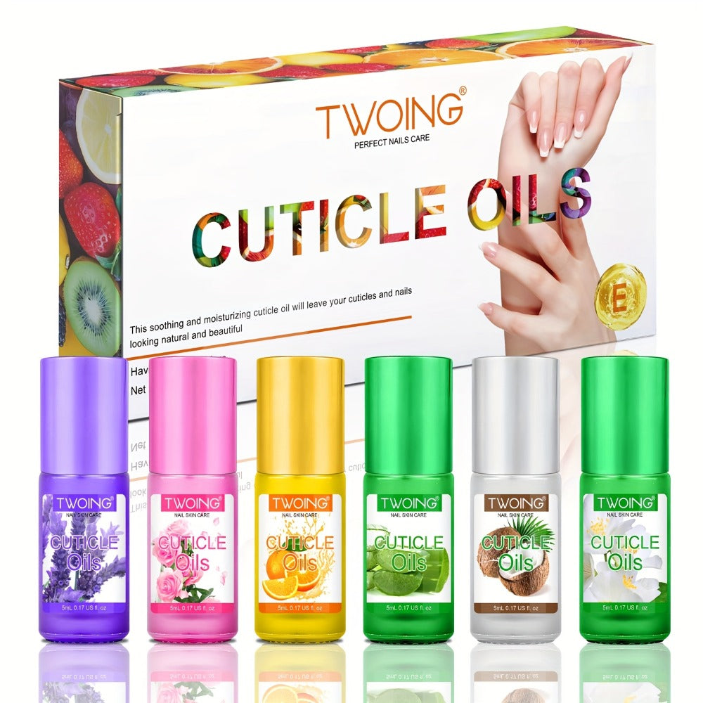 Cuticle Oil Set 6 Scents with Jojoba Oil Grape Seed Oil & Vitamin E – Paraben-Free Plant-Based Daily Nail Treatment for Dry D