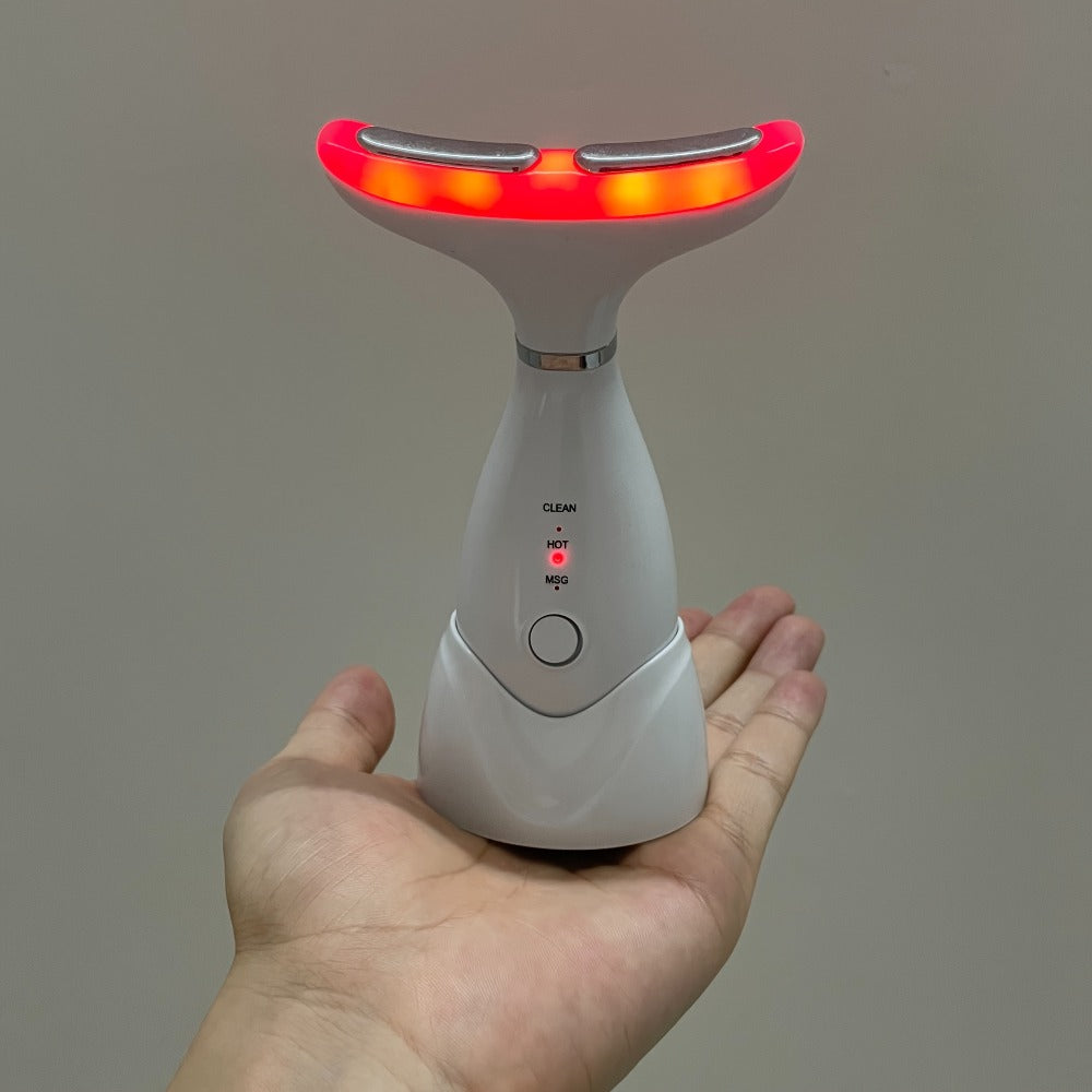 LED Neck Massager 7-Color Light Therapy Vibrating Face & Neck Device, USB Rechargeable Portable Electric Facial Massage Tool 