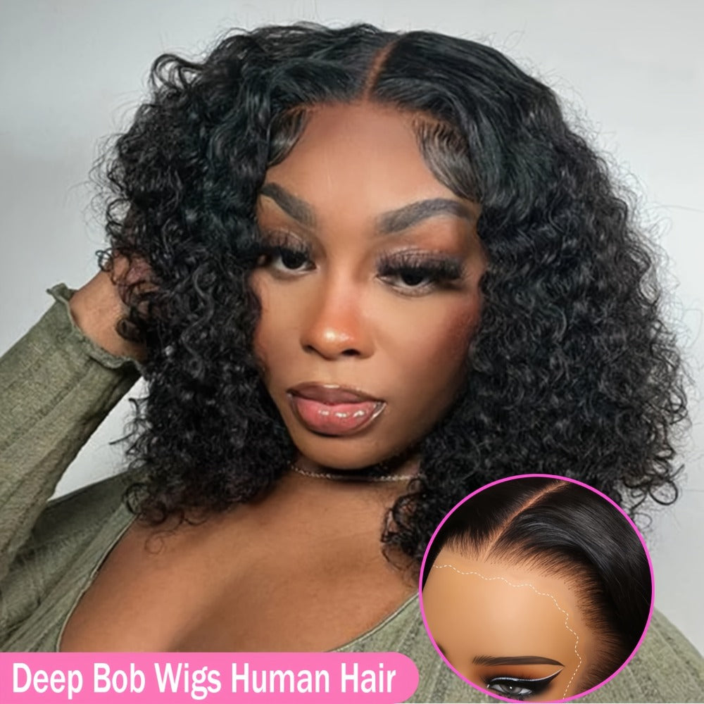 Glueless Bob Wig Human Hair 13x4 Pre Cut Lace 200% Density Wear and Go Deep Wave Body Wave Pre, for Home, Travel and Salon Ha
