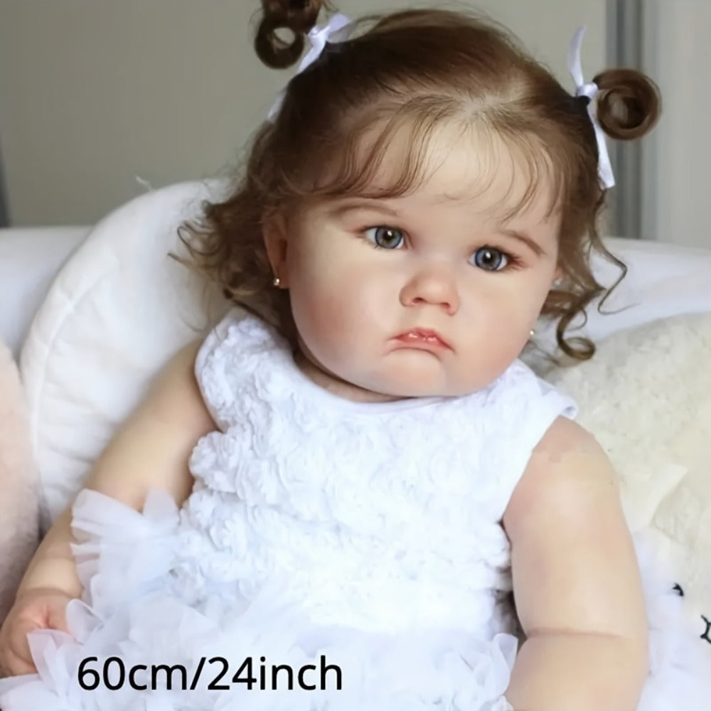 Reborn Baby Doll 24-Inch Cloth Body with Vinyl Limbs, Rooted Brown Hair, Acrylic Eyes and White Outfit Set — image 2