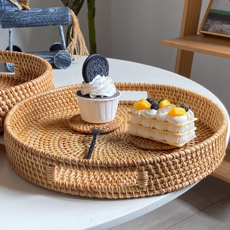 Serving Tray Basket – Hand-Woven Round Rattan Organizer for Fruits Bread Snacks, for Home Cooking, Dining and Outdoor Meals —