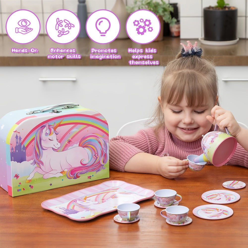 Pink Unicorn Tin Tea Set in Carry Case with Teapot, Four Cups, Four Saucers and Five Plates — image 7