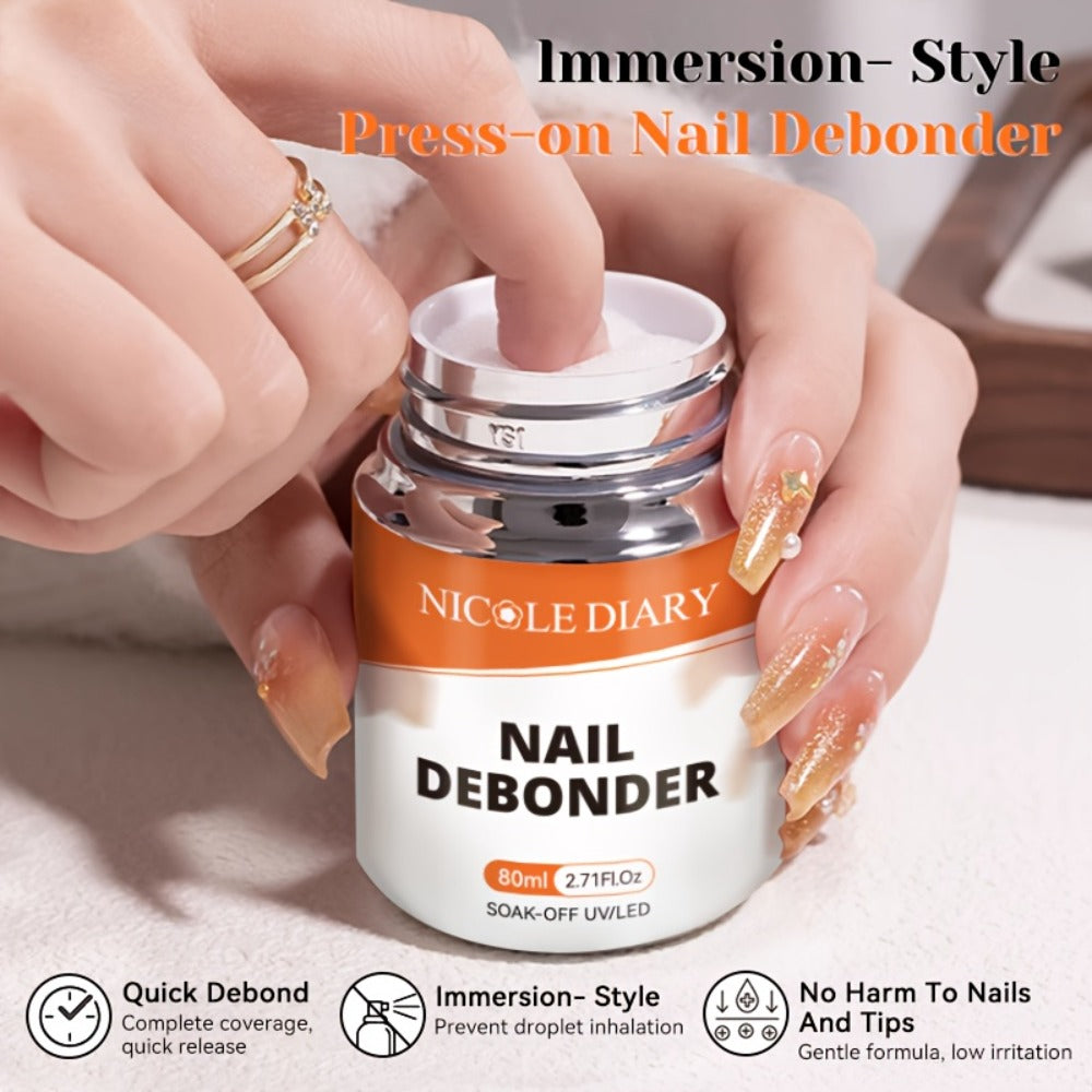 Press On Nail Debonder Remover 80ml – Fast 3-5 Second Soak-Off Liquid for False Tips, Rhinestone Glue Remover, No Damage Easy