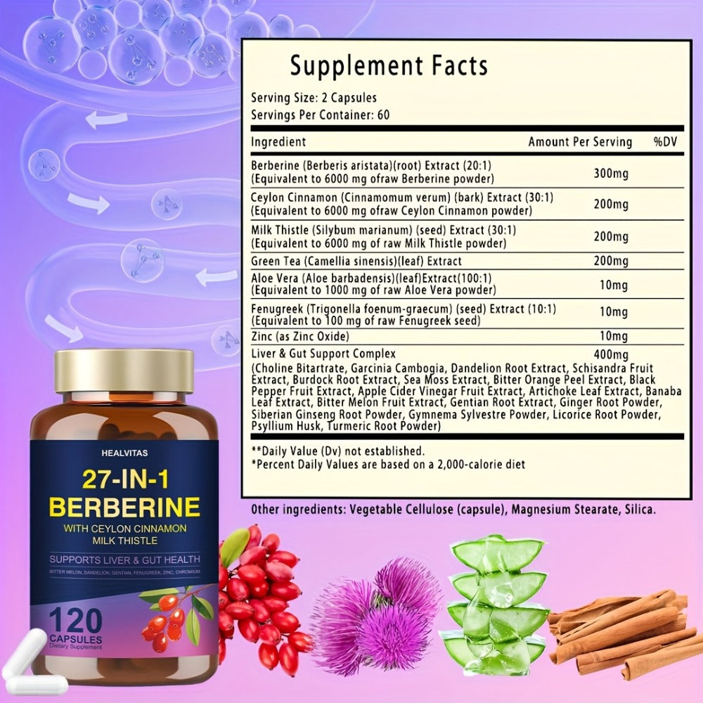 Herbal Supplements with HEALVITAS Label, 27-in-1 Berberine Formula Capsules, 120 or 360 Count — image 6