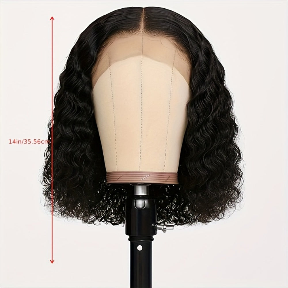 Lace Front Wig Deep-Wave Black 14-Inch Synthetic Style with Glueless Cap, Pre-Plucked Front and Baby Hair — image 6