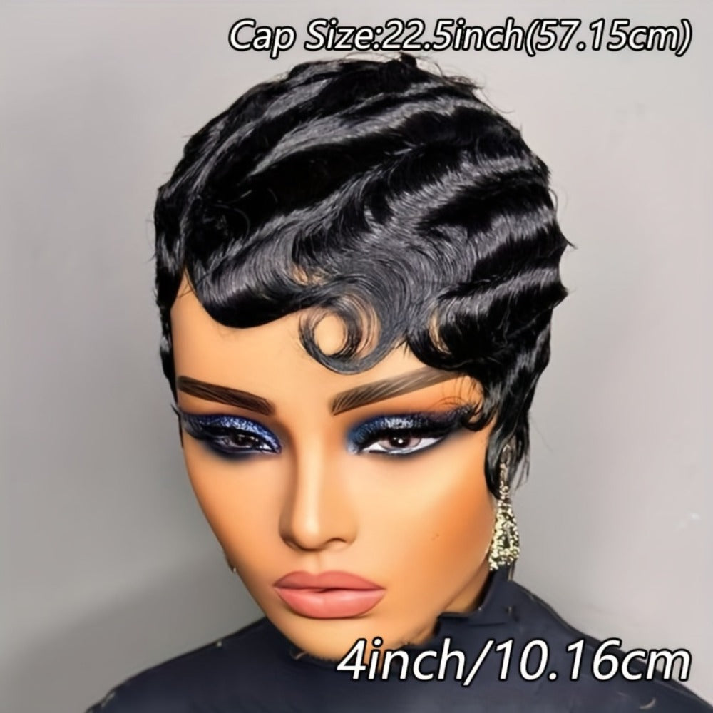 4-Inch Finger Wave Pixie Human Hair Wig with 180% Density, Rose Net Cap and 1B or 613 Color — image 5