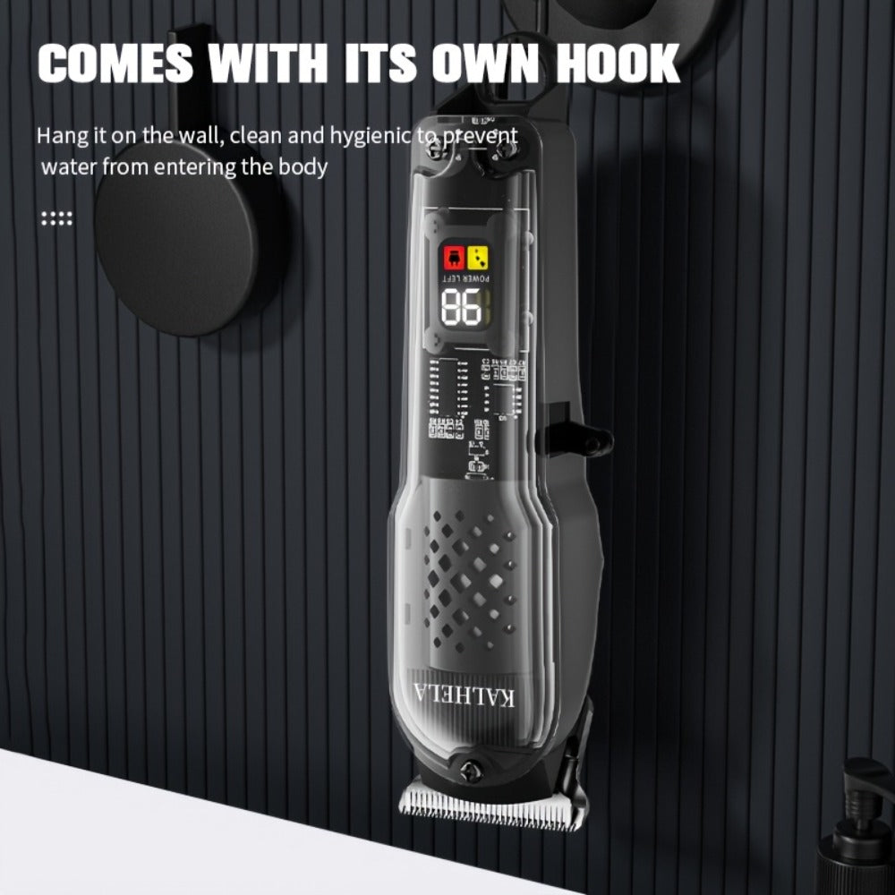 Transparent Electric Hair Clipper with Digital Display, Four Guide Combs, Grooming Tools and Red, Black or Blue Finish — imag