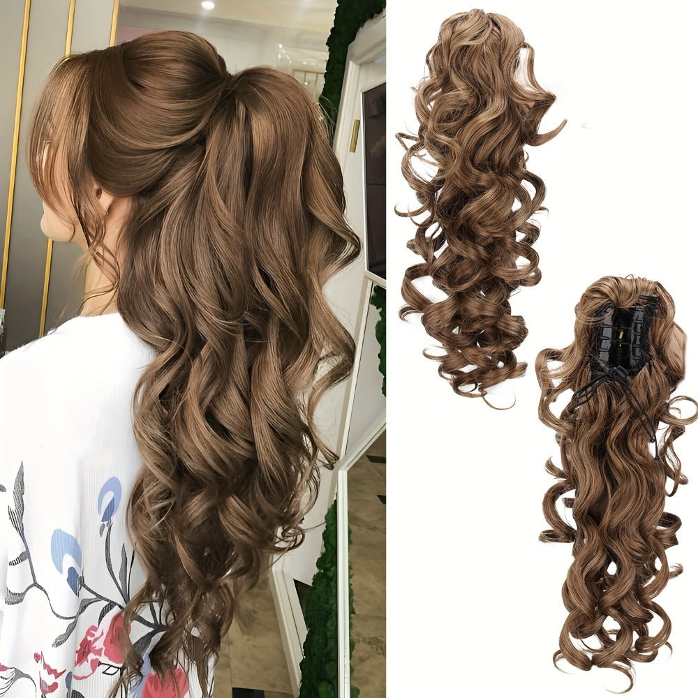 Scroll Curl Claw Clip Ponytail Extension Gradient Color 16 Inch | Synthetic Heat Resistant Hairpiece 5 Colors Linen Brown Gol
