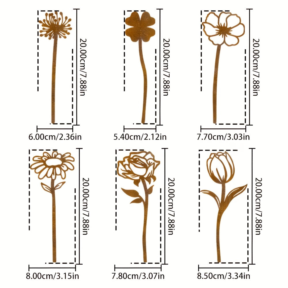 Rustic Flat Metal Flower Garden Stakes, Six-Piece Rose, Daisy and Botanical Set for Pots and Borders — image 9