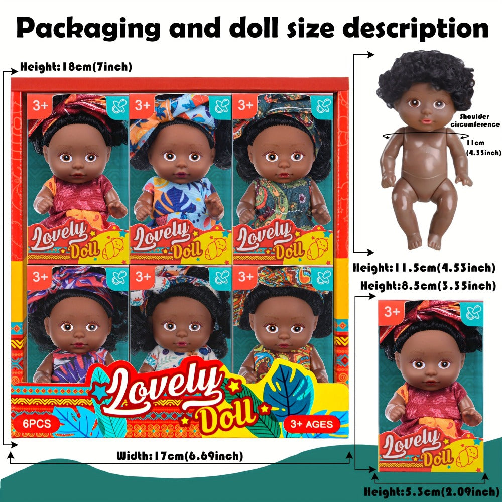 Miniature Girl Doll Set 6 Pcs 4 Inch Articulated Arms & Legs, Colorful Outfits Printed Headscarf — image 2