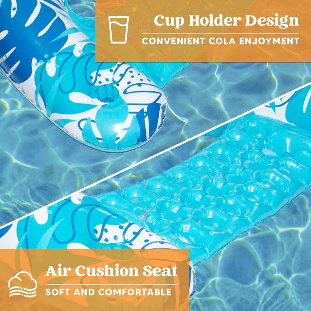 Leaf Print Inflatable Pool Chair Pair with Cup Holders, Blue and Pink 49 x 35 Inch Seats for Adult Lounging — image 6