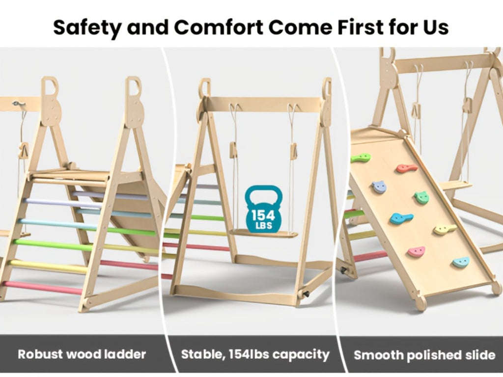 Foldable Indoor Wooden Jungle Gym for Toddlers, 4-in-1 Climbing Frame with Swing, Slide & Ladder — image 16