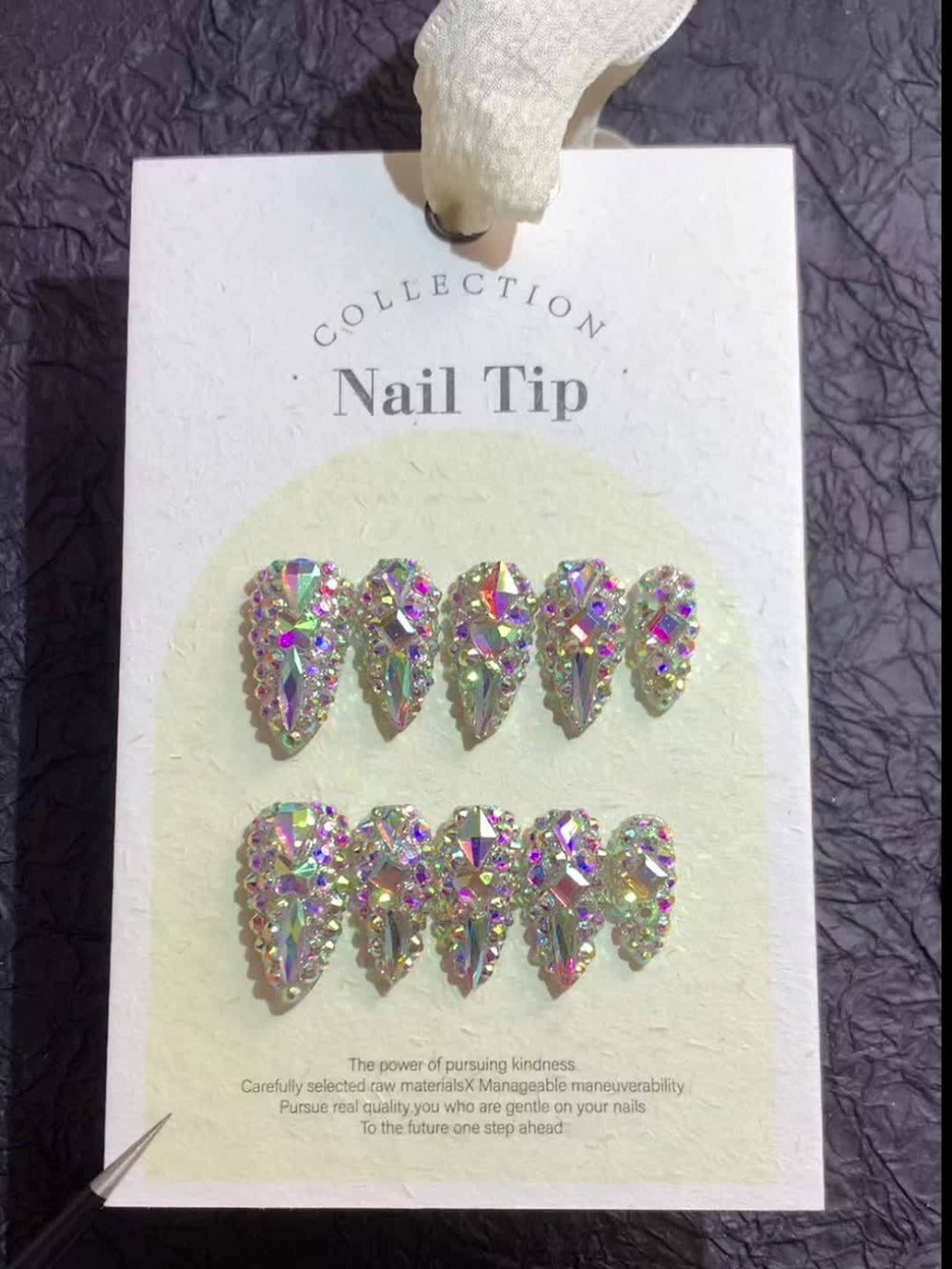 Press On Nails 10-Piece Medium Almond Glitter Color-Block Set with AB Crystal Rhinestones and Tool Kit — image 9