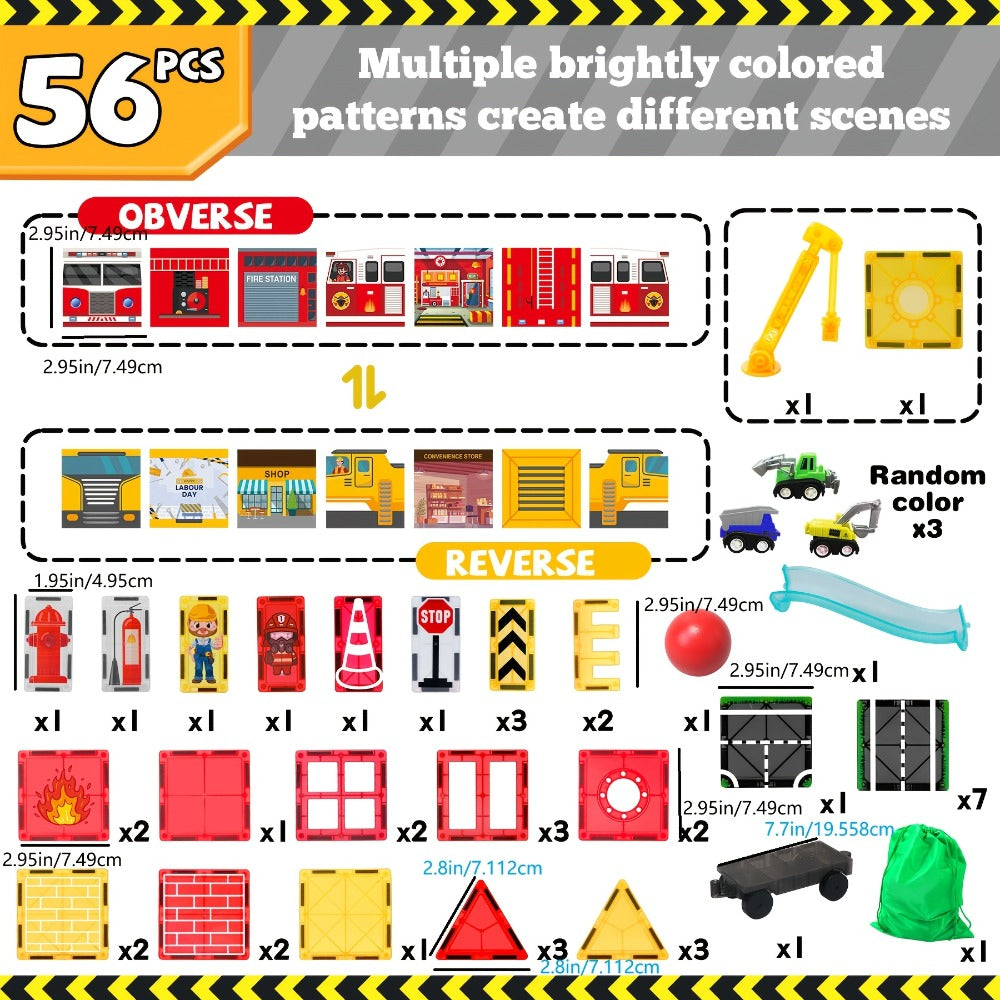 Magnetic Tiles 56-Piece Fire Station Building Set with Road Panels, Crane, Ramps and Vehicle Pieces — image 2