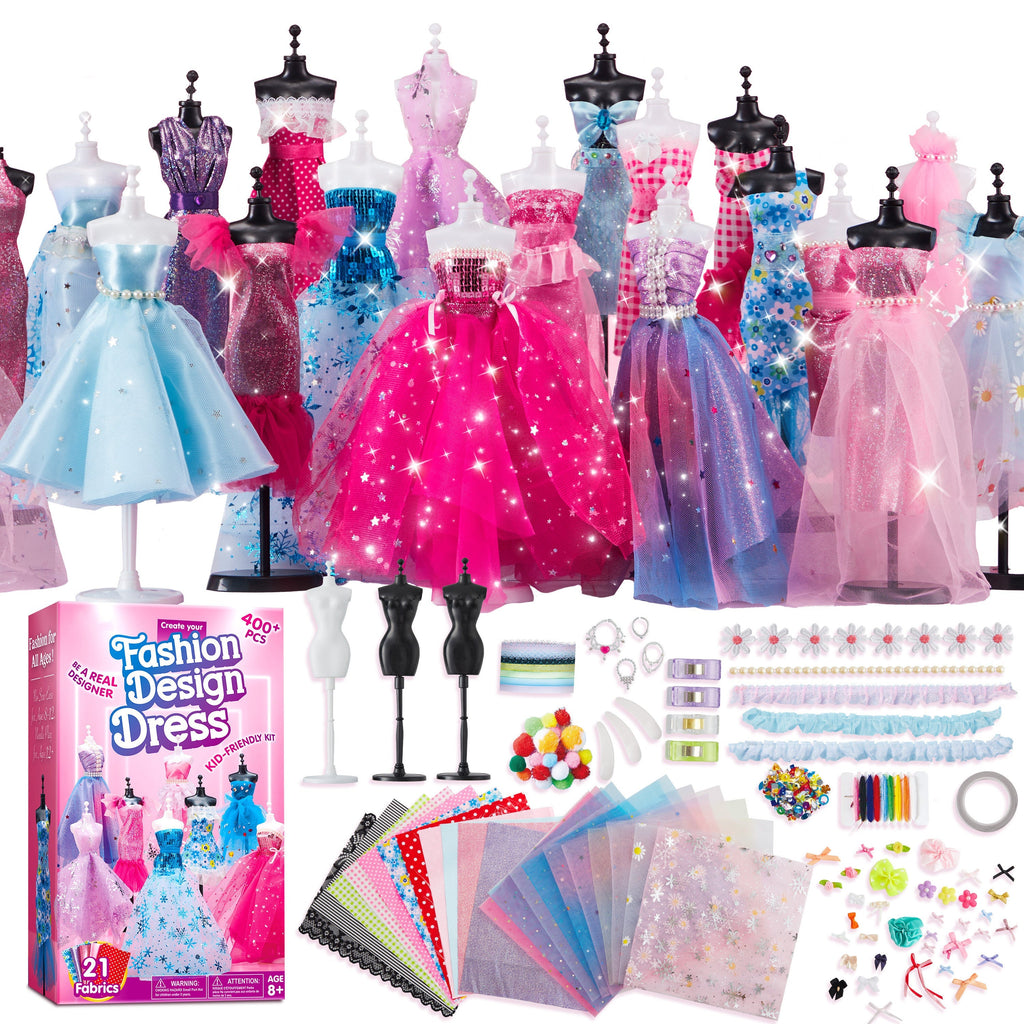 Fashion Design Kit for Girls 400+ Pieces, 3 Mannequins 21 Fabrics Ribbons Trims No-Sew DIY Dress Up Craft Set — image 1