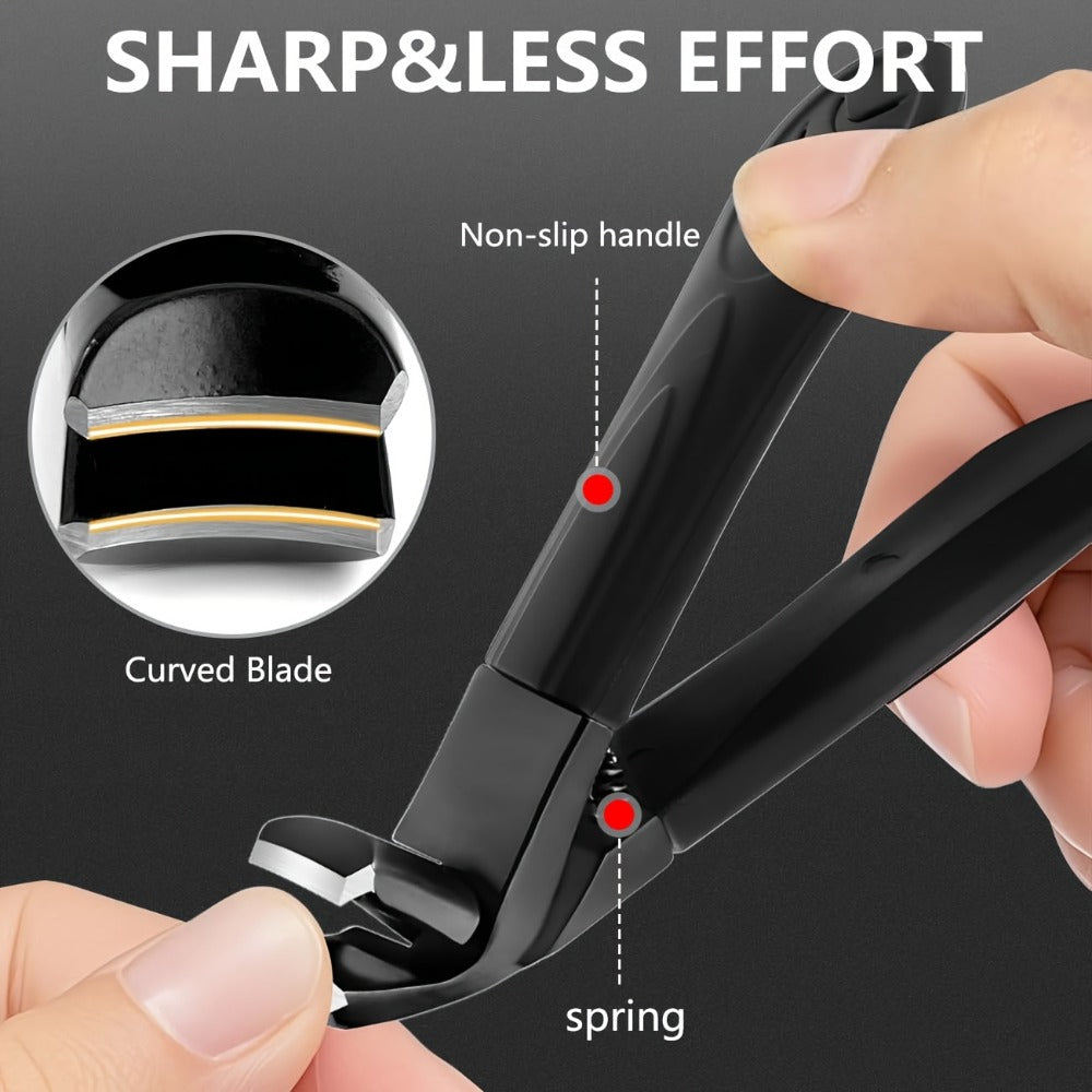 Wide-Jaw Nail Clipper Set, Six-Piece Black-Handle Kit with Curved, Slanted and Narrow Tools, Lifter, File and Storage Pouch —