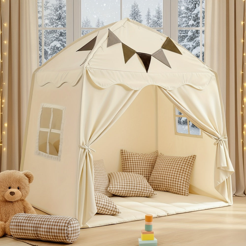 Kids Play Tent with Star Lights & Flags, Extra Large Indoor Outdoor Playhouse with Windows for Reading & Pretend Play — image