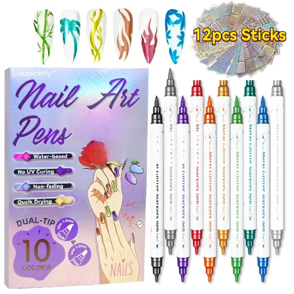 Nail Art Pens Set 10 Metallic Colors with 12pcs Nail Stickers – Dual-Headed 3D Acrylic Polish Markers for Doodle Dot Line Sti