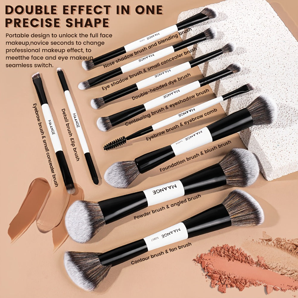 Makeup Brush Set, 10-Piece Double-Ended Nylon Bristle Collection with Cosmetic Bag and Three Color Options — image 6