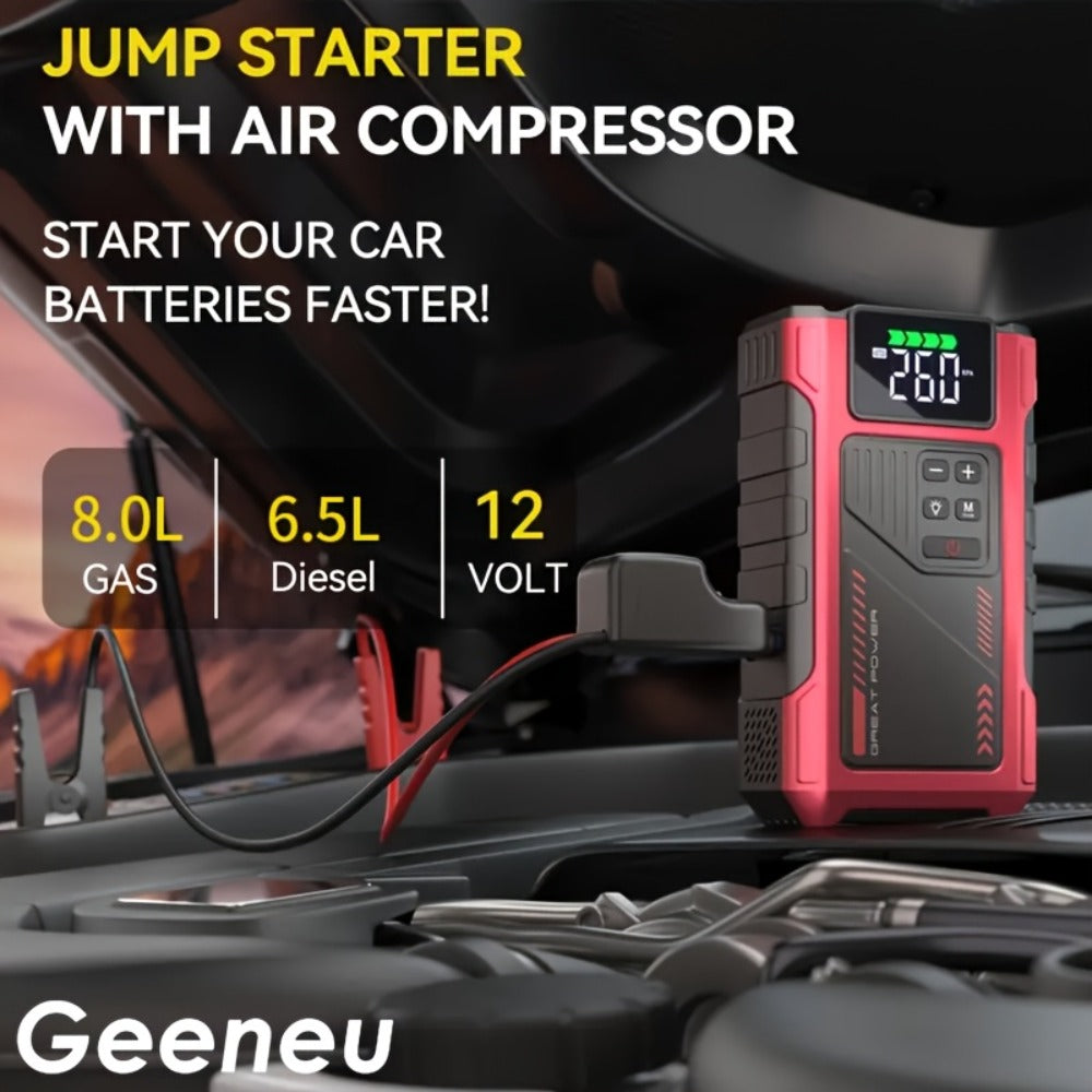 12V Jump Starter with 4000A Marking, 150 PSI-Labeled Air Compressor, Digital Pressure Display and Two Black Color Options — i