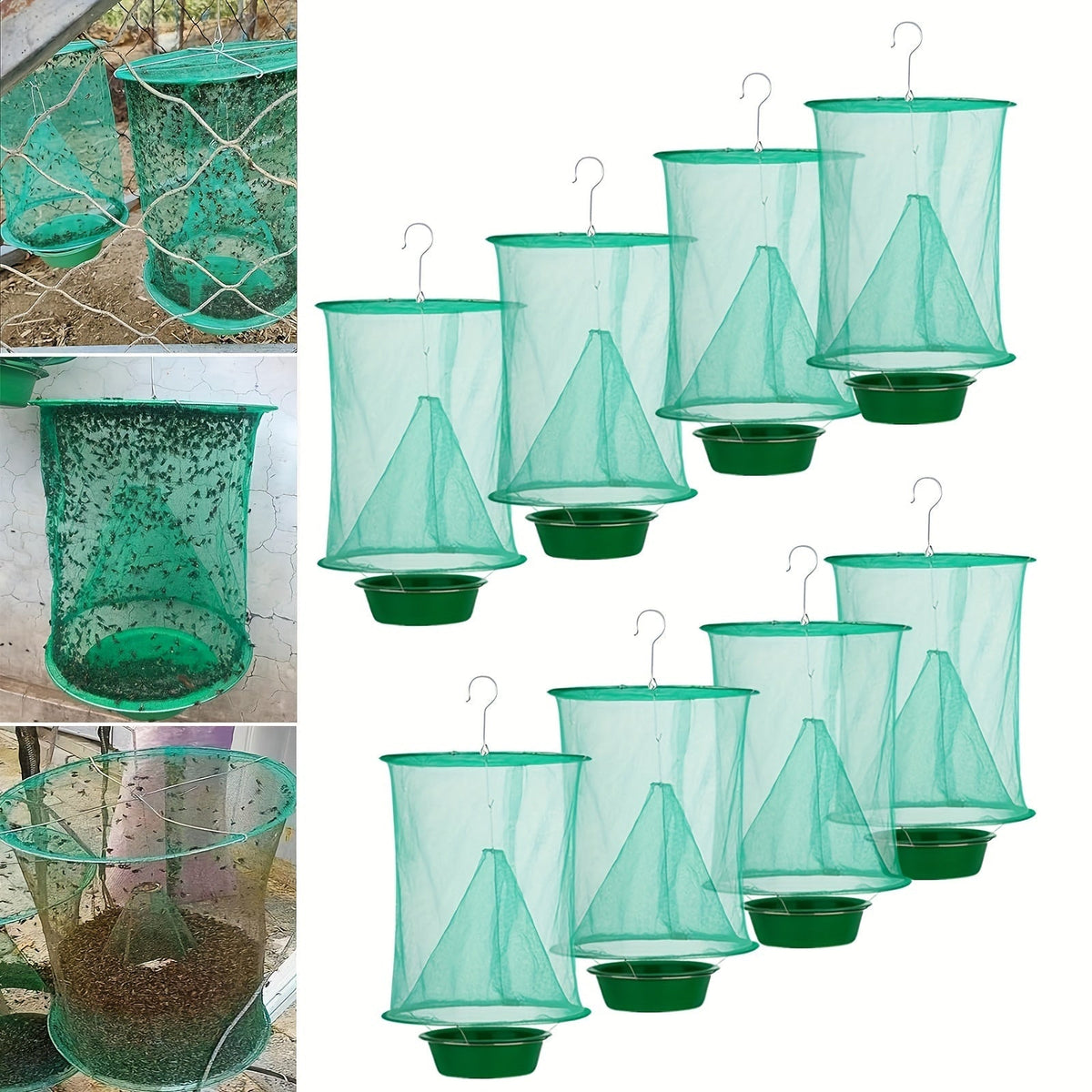 Green Hanging Mesh Fly Trap Cages with Removable Bait Bowls in Two-Pack or Four-Pack Options — image 4