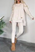 Women's Slit Long Sleeve Top And Trousers Suit