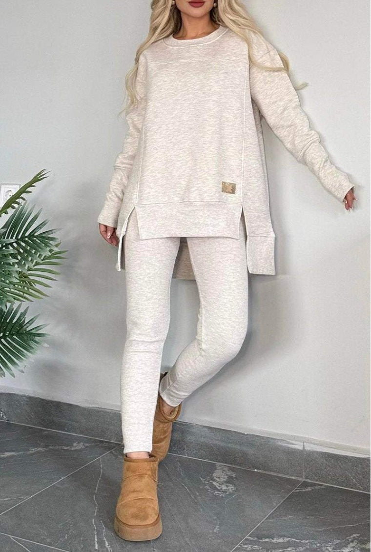 Women's Slit Long Sleeve Top And Trousers Suit