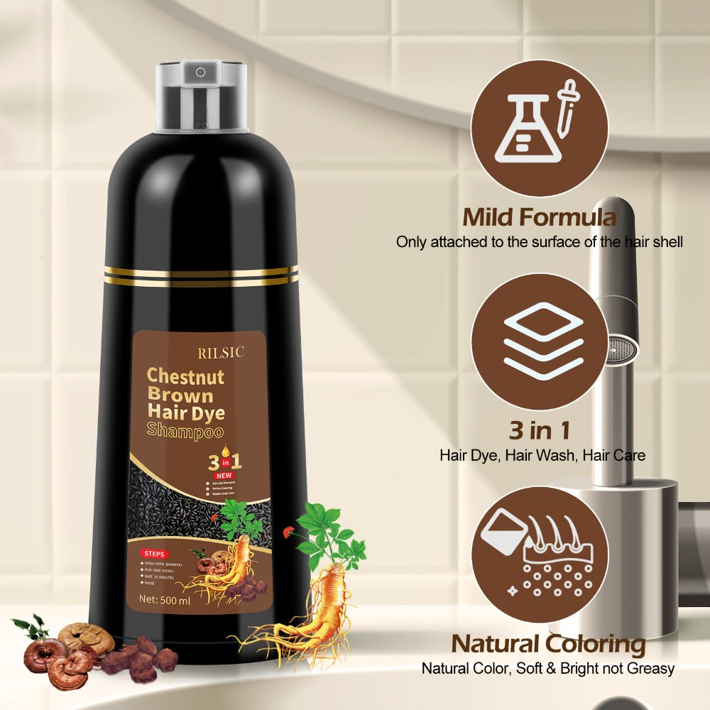 RILSIC 3-in-1 Gray Hair Color Shampoo with Plant Squalene – 100% Gray Coverage Wash & Condition Instant Results, No Mix No Am