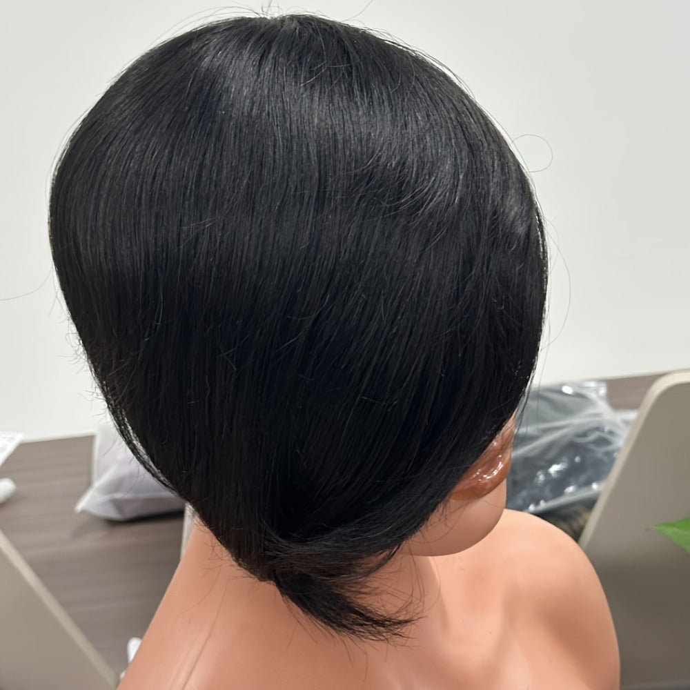 Layered Pixie Human Hair Wig with Side Bangs in #4 Brown, #99J Burgundy or #1 Black Color Options — image 9