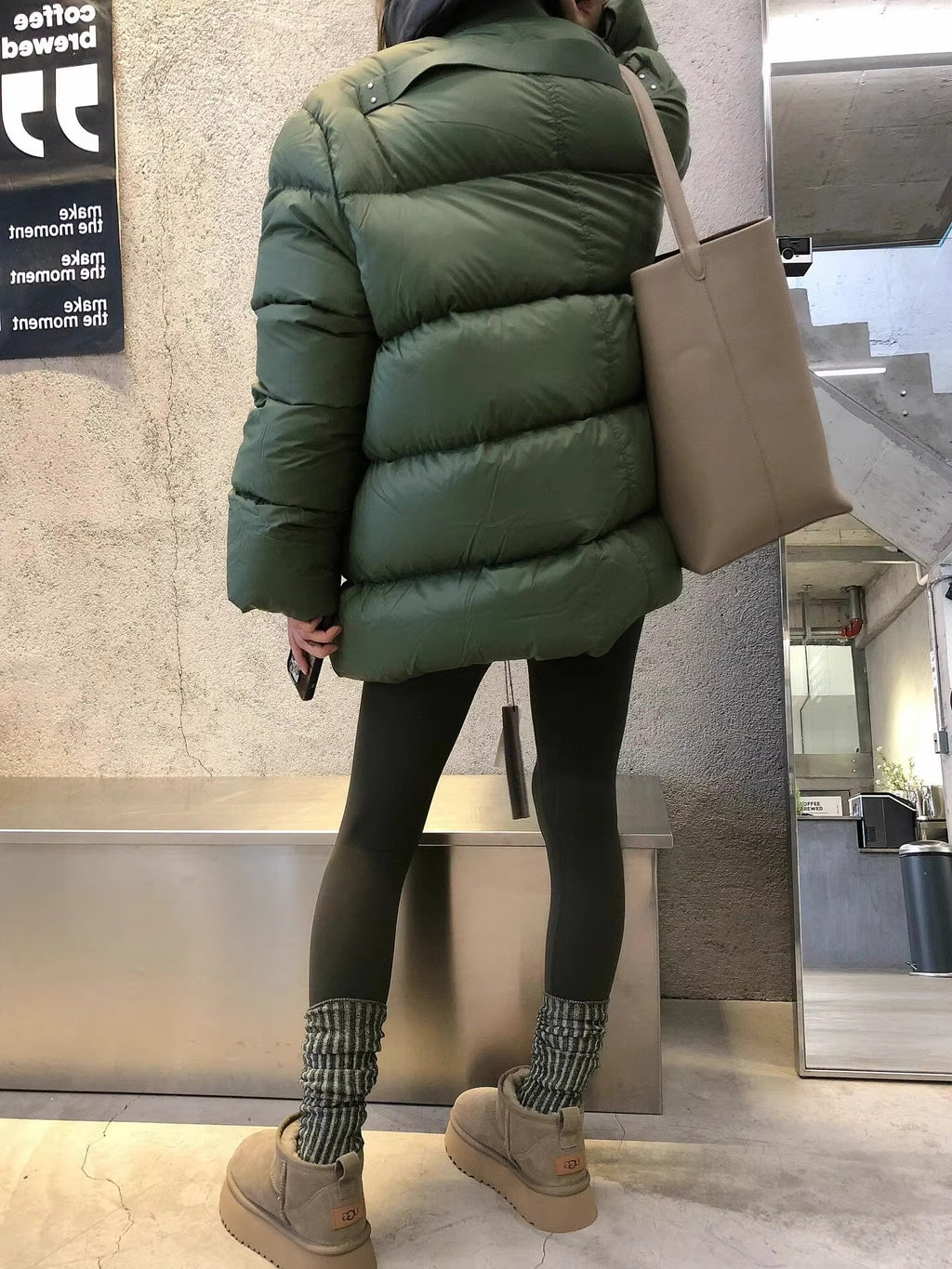 Warm Dark Green Collarless Cotton Coat Jacket Women