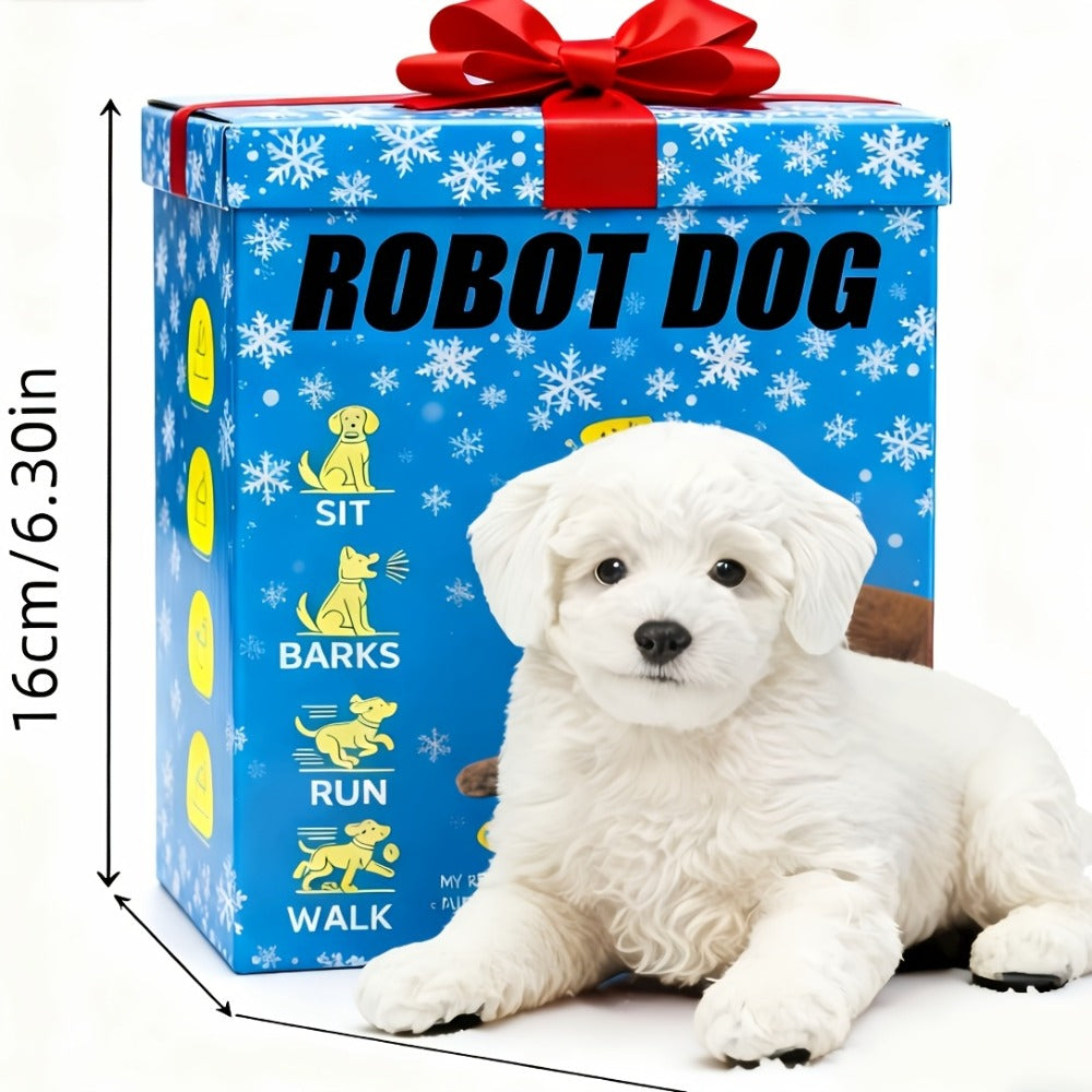 White Electronic Plush Robot Puppy Toy with Walking and Barking Box Icons in a White Gift-Box Option — image 3