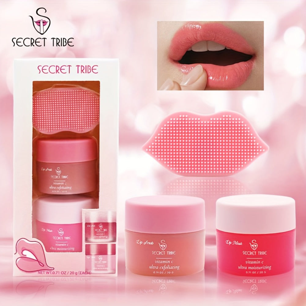 Lip Care Set 3pcs – Lip Mask, Lip Scrub Balm & Lip Brush Kit with Natural Ingredients for Deep Hydration, Exfoliation & Lip C